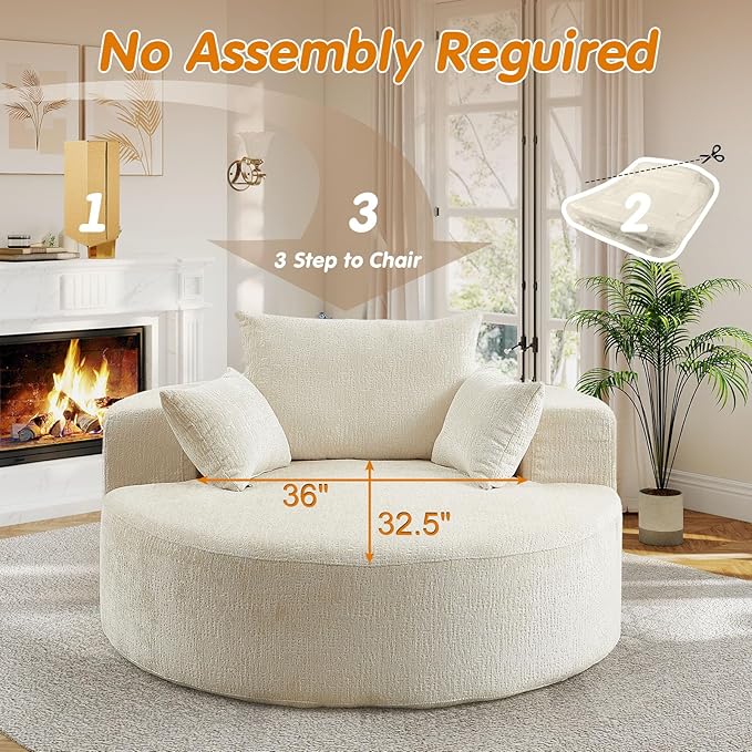 55"W Oversized Round Chair Lounge Chaise Indoor, Upholstered Comfy Circle Sofa Armchair, Modern Cozy Boneless Foam Floor Reading Chair for Living Room, Bedroom, No Assembly Required(Chenille, Beige)