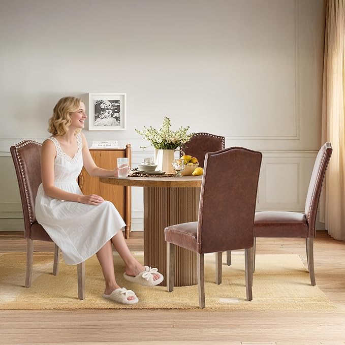 SNUGWAY Upholstered Dining Chair Stylish Parsons Kitchen High Back with Silver Nailhead Trim & Wood Legs, 2-Pack, PU Light Brown