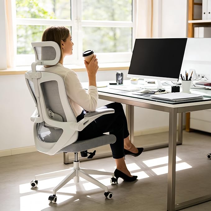 Ergonomic Office Chair - 400LB Comfy Desk Chairs with Adjustable Headrest and Lumbar Back Support, Mesh Computer Chairs with Wheels and Arms for Home Office, Study (Gray-with Headrest)