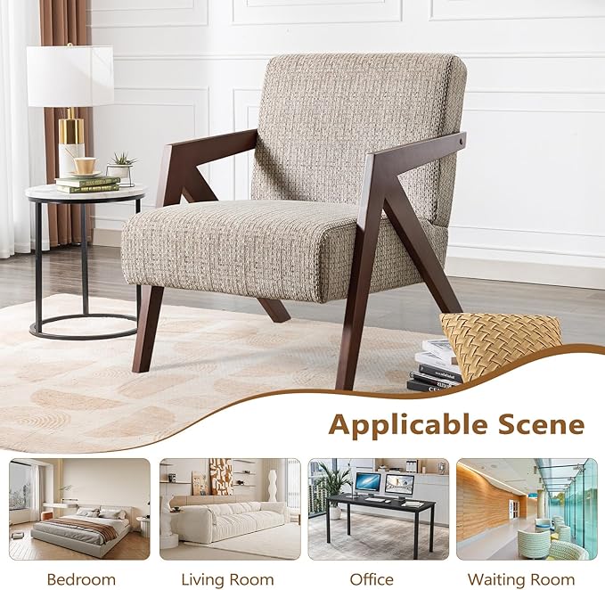 Bonzy Home Mid-Century Modern Accent Chair with Solid Wood Frame, Upholstered Armchair for Bedroom & Living Room,Reading Side Chair with Soft Lien Fabric Cushion,Easy Assembly