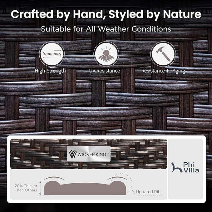 PHI VILLA Outdoor Modern Patio Furniture Set, Upgraded Wicker&Metal Patio Furniture Conversation Set with Waterproof Thick Cushions for Porch, Poolside, Deck, and Yard (5 Pieces,Navy)