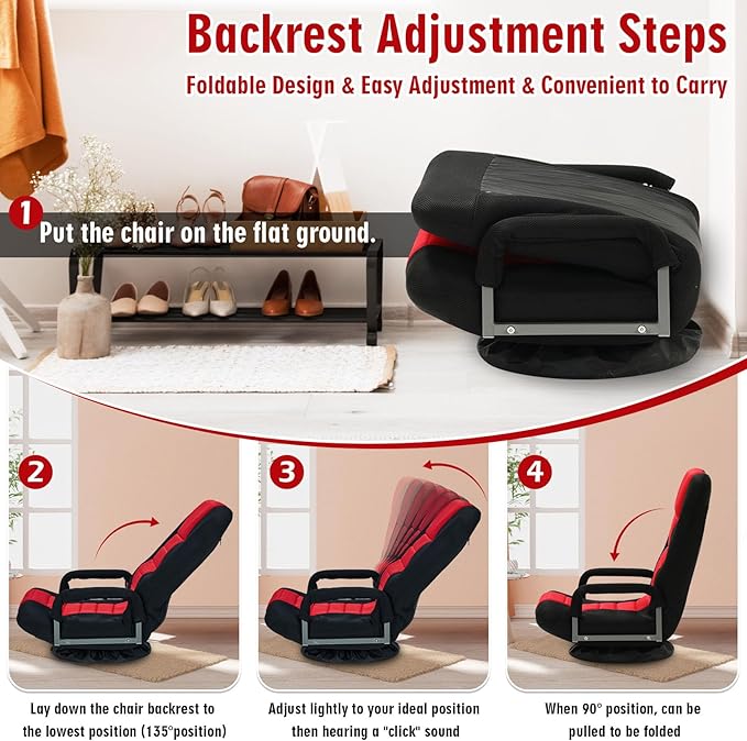 Swivel Floor Gaming Chair w/Armrests,Folding Video Reclining Sofa w/6 Adjustable Position, Padded Backrest & Cushion, Lazy Lounger Couch for E-Sports, Reading, Relaxing, Watching TV, Red