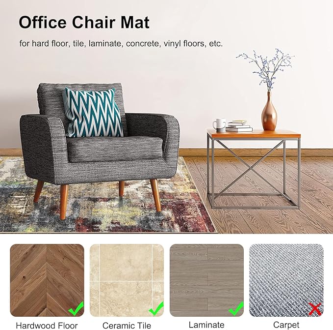 Anidaroel Office Chair Mat for Hardwood Floor, 48"x60" Under Desk Chair Rug for Rolling Chair, Anti-Slip Computer Chair Mat, Low Pile Carpets Floor Rug for Home Office Gaming Room