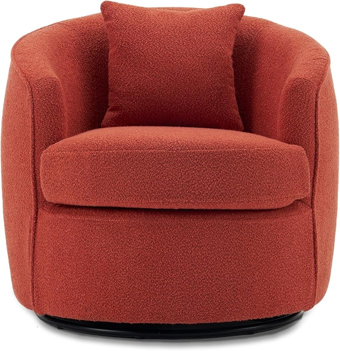 FaFaSoGoodFa Swivel Accent Chair Set of 2, Modern Upholstered Boucle Barrel Arm Chairs with Pillow for Living Room, 360 Degree Round Swivel Sherpa Armchair with Round Base for Bedroom Club (2, Orange)