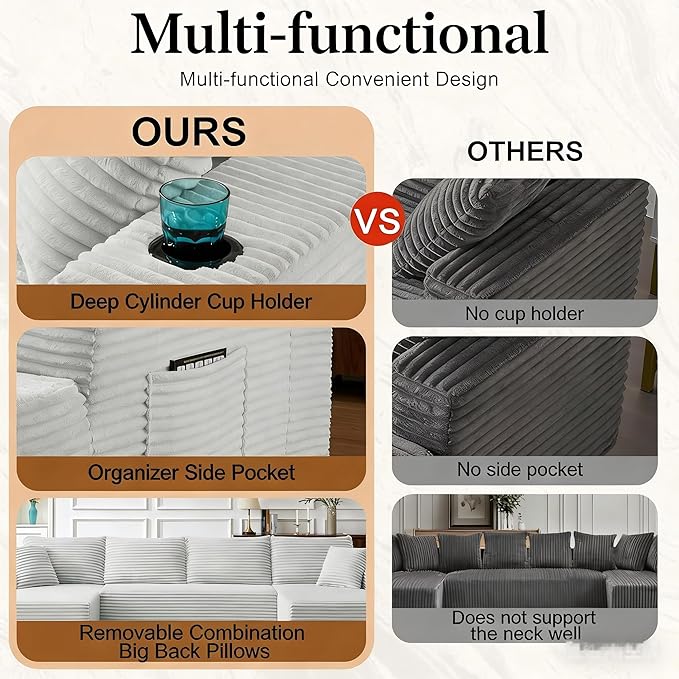 134" Modular Cloud Sectional Sleeper Sofa Couch for Living Room, U Shaped 6 Seat Sofa with 2 Storage Pockets, 2 Pillows & 2 Cup Holders, No Assembly Required (Light Gray)