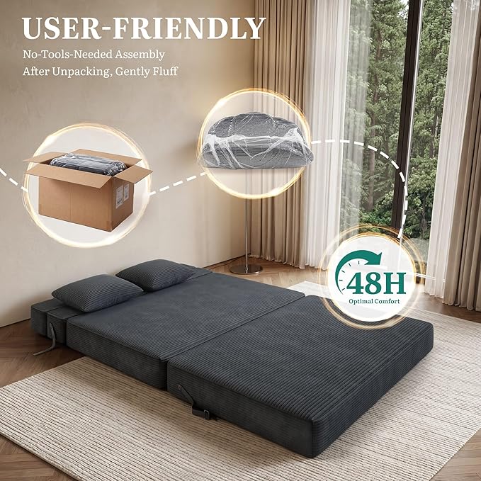 YITAHOME Convertible Folding Sofa Bed, Chair Bed Sleeper with Cushions, Corduroy Fabric Fold-Out Floor Couch, Foldable Mattress for Living Room, Bedroom, Dorm, Guest Room, Queen Size, Black
