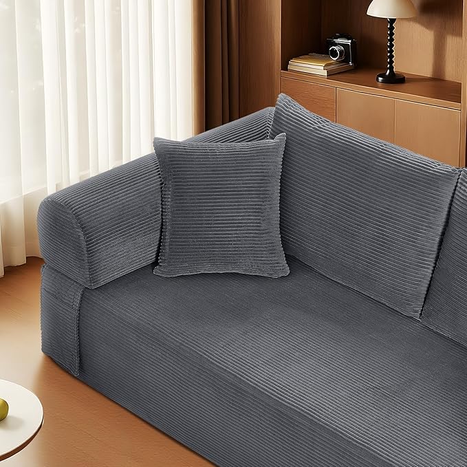83" Sofa in a Box, 3 Seater Couch No Assembly Boneless Sofa Bed with Cushion Back 2 Pillows Deep Seat Corduroy Fabric Side Storage Pockets for Living Room, Bedroom, Apartment, Office, Deep Grey
