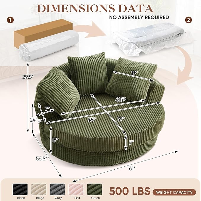 61"W Oversized Round Chaise Lounge Chair Indoor, Upholstered Corduroy Large Circle Boneless Chair with Deep Seat, No Assembly Required, Modern Comfy Cloud Sofa Chairs for Living Room, Bedroom(Green)