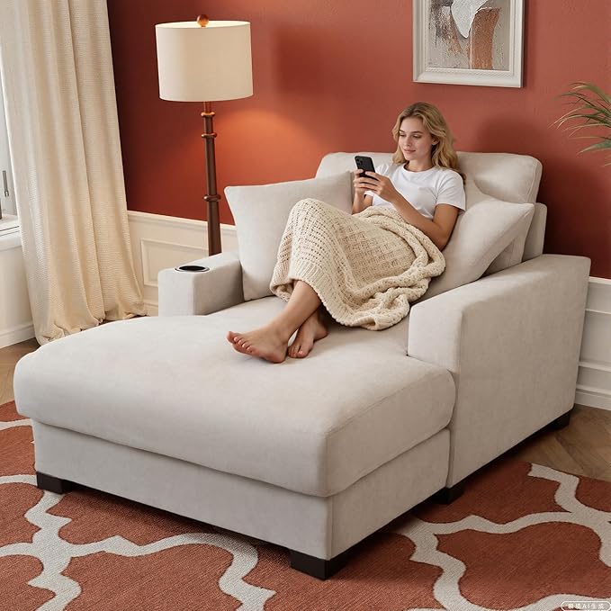 Oversized 60" Chaise Lounge Sofa, Chaise Lounge Recliner with Adjustable Backrest, Built-in Cup Holder USB and Type-C Port, 2 Pillows, Sleeper Couch with Deep Seat for Living Room, Bedroom, Beige