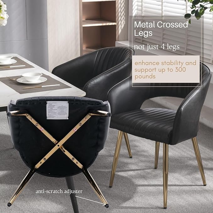 Faux Leather Dining Chairs Gold Legs, Modern Black PU Leather Dining Room Chairs with Arms Set of 2 Upholstered Accent Chair Armchair with Barrel Back for Kitchen Living Room