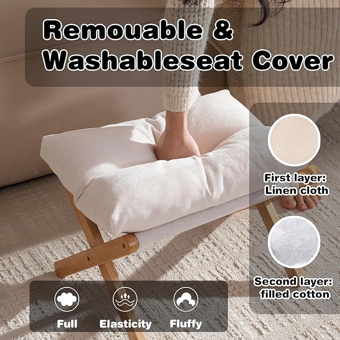 Ottoman Foot Rest- Bamboo Foldable Stool, Foot Stools Small Ottman with Upholstered & X Legs, Folding Stool for Makeup, Bedroom and Living Room (Small Beige)