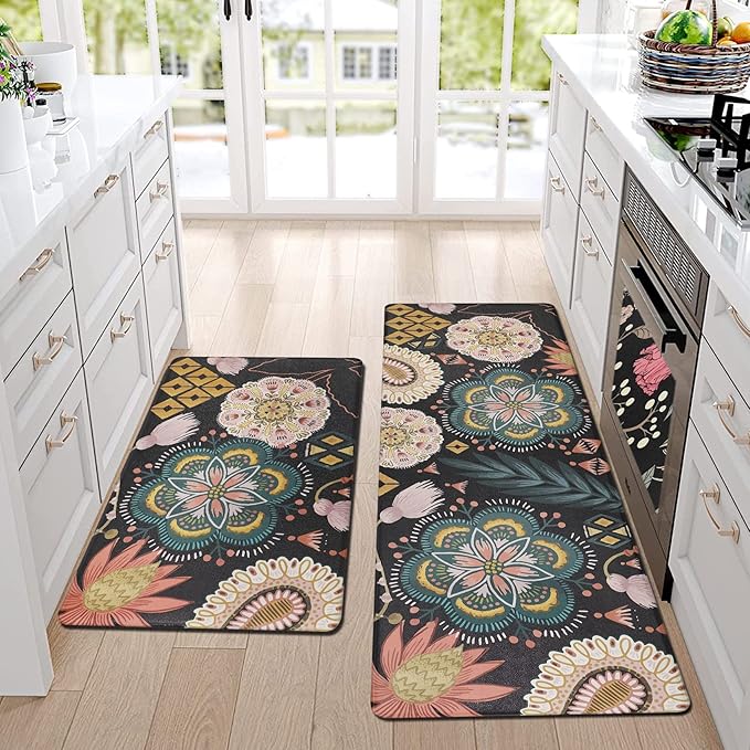 Homcomoda Boho Floral Kitchen Mats Cushioned Anti Fatigue 2 Piece Set Kitchen Rugs and Mats Non Slip PVC Waterproof Kitchen Comfort Mats for Standing Sink Laundry