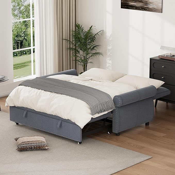 3 in 1 Sofa Bed, 61 Inch Convertible Pull out Couch with Four Pillows, Loveseat Sleeper Sofa with Adjustable Backrest, Sofa Couches for Living Room, Bedroom, Apartment, Chenille Fabric, Grey