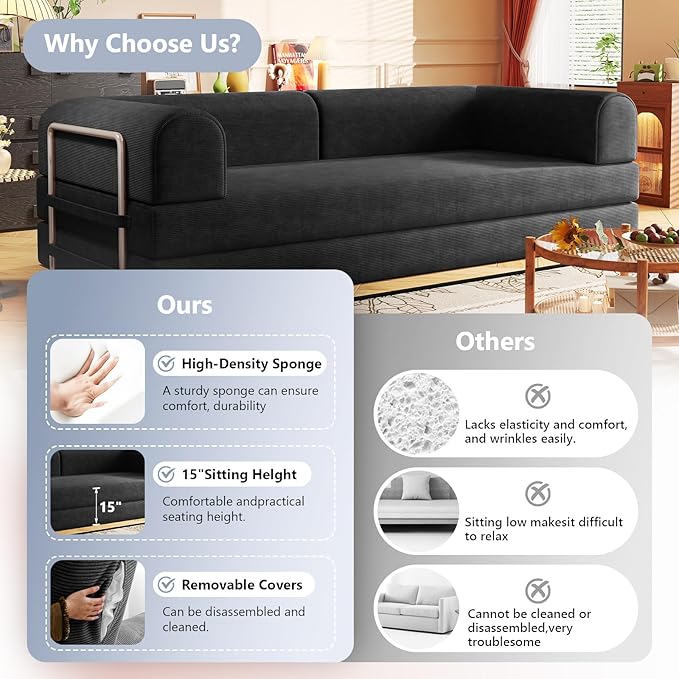 Convertible Sleeper Sofa Bed Boneless Cloud Comfort Black Futon Couch for Lounging & Sleeping, Removable & Washable Corduroy Sofa Cover, Floor Sofa Folding Mattress for Guests, Small Spaces