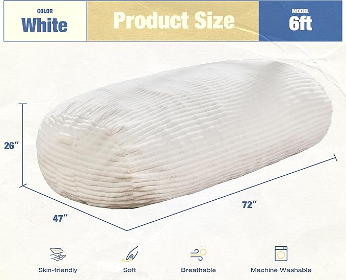 Hobestluk 6FT Bean Bag Chairs Adult Bean Bag with Portable Handle Comfy Large Bean Bag Lounge Chair with Removable Cover for Living Room Bedroom (Stripe White, 6FT)