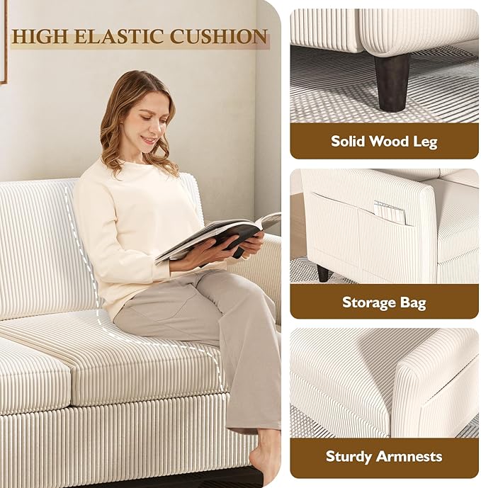 Corduroy Loveseat Sofa, Modern Comfy Couches with Side Pocket, Cloud Sofa Couch for Living Room, Bedroom and Small Spaces,Beige