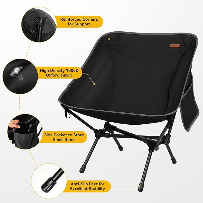 TOBTOS Ultralight Camping Chair, Portable Folding Chair Support 330 lbs, Compact Backpacking Chair with Carry Bag for Hiking Travel (Black)