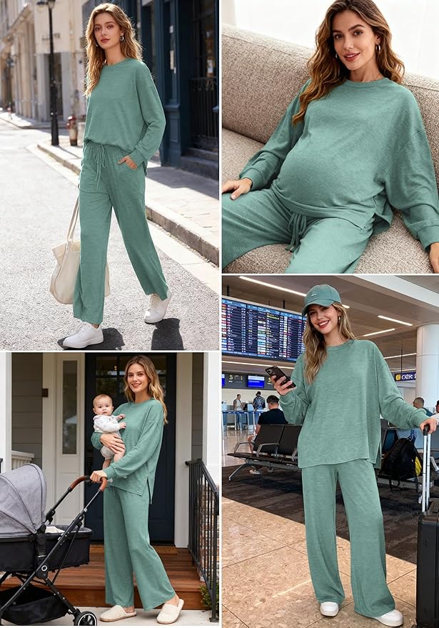AmazingStar Womens Lounge Set 2025 Fall 2 Piece Outfits Long Sleeve Tops Wide Leg Long Pants Cozy Matching Sets Clothing