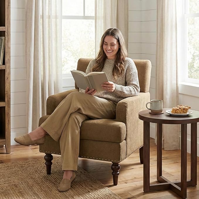 Upholstered Accent Chair with Thick Cushion, High Back Reading Chair, Linen Blend Armchair with Solid Rubberwood Legs for Living Room, Bedroom, Reading, Apartment & Small Spaces,Brown,Set of 2