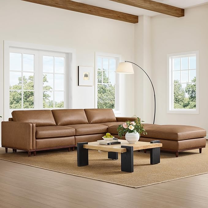 CHITA 118" Super Large Luxury L Shape Convertible Sectional Modular Sofa, FSC Certified Down Filled Modern Sofa, Deep Seat Cloud Couch, 5 Seat Couch with Chaise, Solid Wood Leg, Faux Leather in Camel