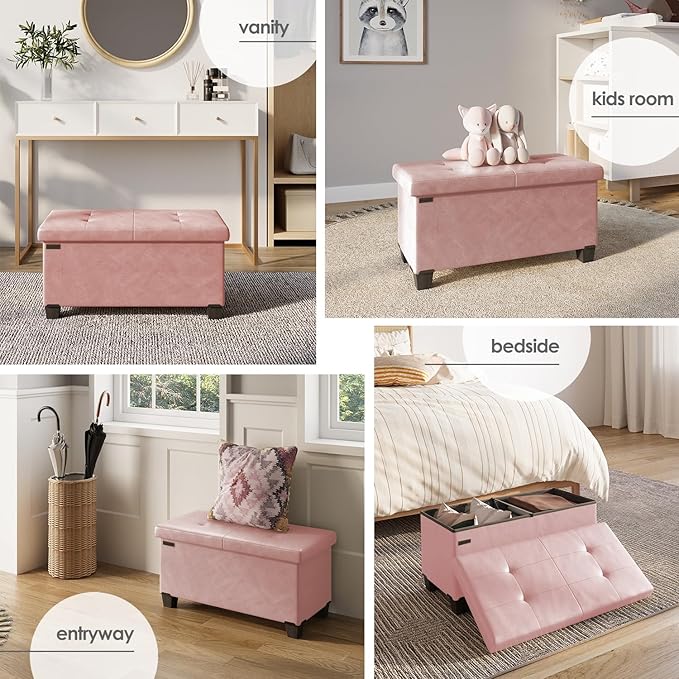 Storage Ottoman Bench with Bins, 30-in Storage Bench for Bedroom End of Bed, Folding Foot Rest Ottoman for Living Room Max 660lbs, Faux Leather Ottomans, Pink