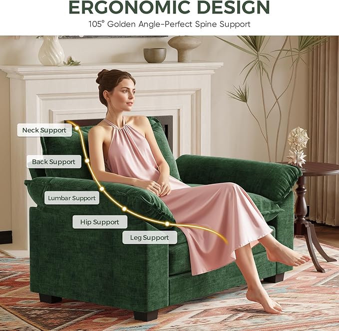 HUSFU 49.5'' W Oversized Accent Chair, Chenille Cloud Sofa Chair with Deep Seat and Extra Wide Armrests, Comfy Reading Armchair for Bedroom, Living Room, Green