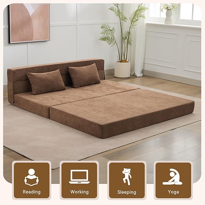 WUTUTUEE Folding Sofa Bed Floor Couch with Pillow, Foldable Chair Bed Convertible Linen Sleeper Chair Futon,Foldable Memory Foam Mattress for Bedroom/Living Room/Dorm/Office (Brown, Queen)