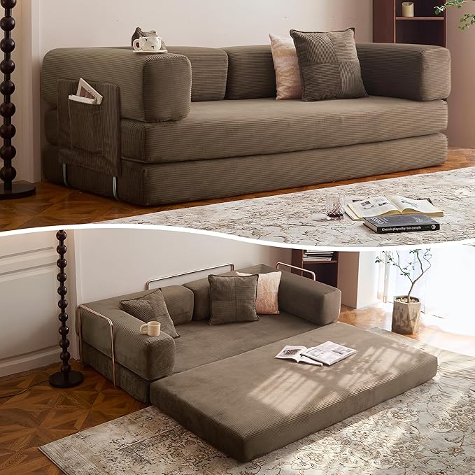 LIAROO 78.8" Convertible Sofa Bed -Compression Sofa with Corduroy Fabric - with Armrests and Backrest - Modular Sectional for Living Room, Bedroom, Studio - Compression Sofa in Box (Brown)