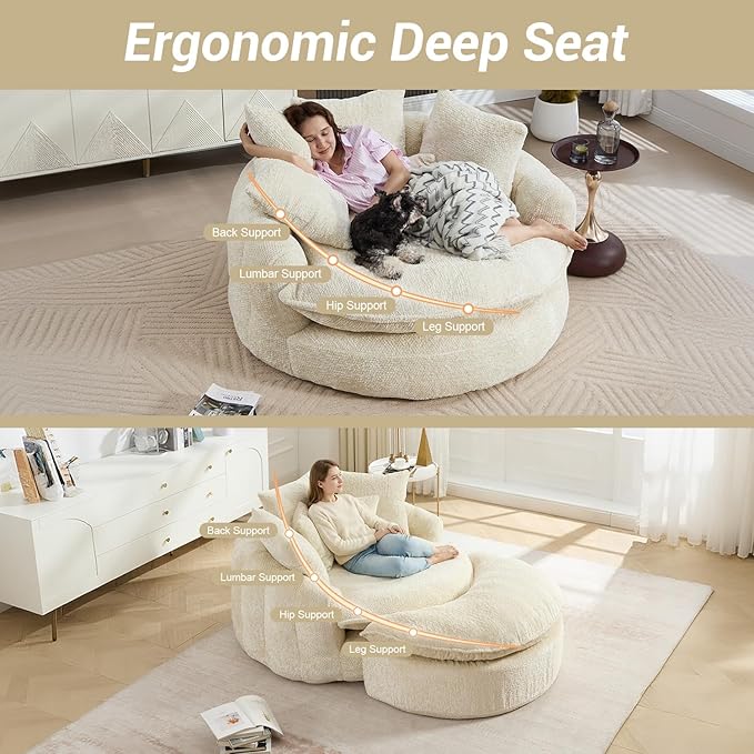 54" Oversized Round Chaise Lounge Indoor Boneless Bean Bag Chair with Movable Ottoman Fluffy Comfy Reading Chair Large Circle Cloud Couch Sleeper Sofa Bed for Living Room, Bedroom, Apartment, Beige