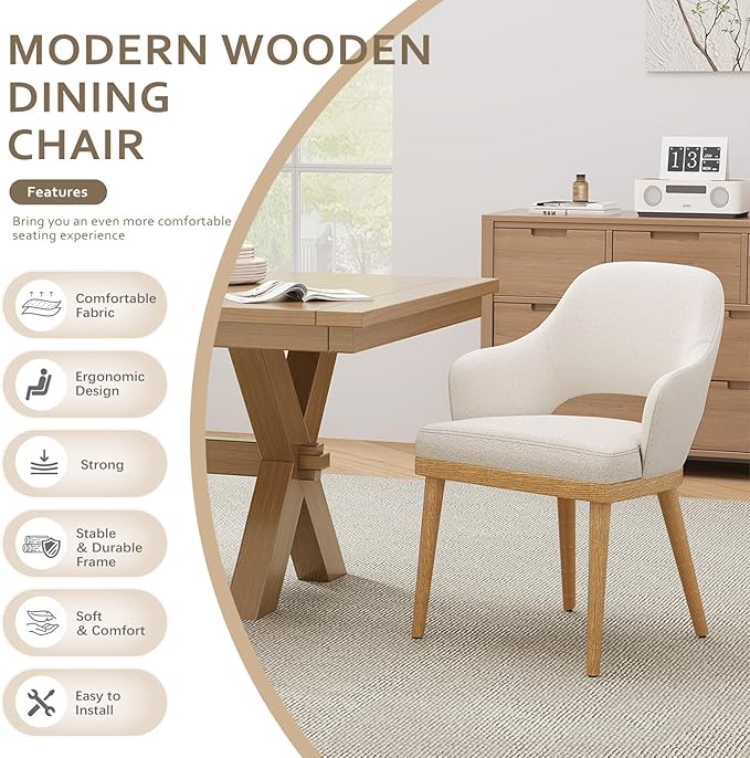 MALOL Wooden Dining Chairs Set of 6, Modern Fabric Upholstered Dining Room Chair, Kitchen Side Chairs, Farmhouse Dinner Chair with Open Back for Kitchen, Beige