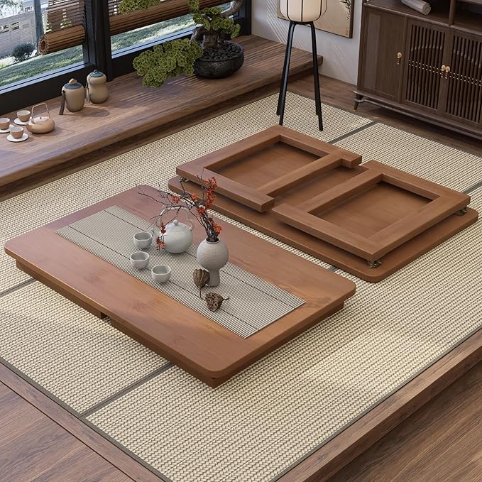 OETPJM Japanese Floor Table, Bamboo Folding Coffee Table, Portable Solid Wood Japanese Tatami Tea Table Table, No Assembly Japanese Dining Table for Sitting on The Floor, Easy Storage (Dark Walnut)