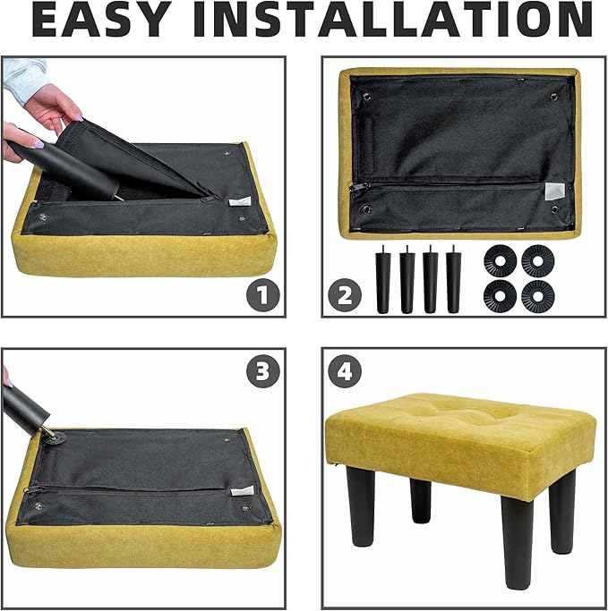 CAROLMADE Ottoman Foot Rest, Suede Small Ottoman Foot Stool with Legs Modern Footstool Ottomans for Living Room Entryway Office, Yellow
