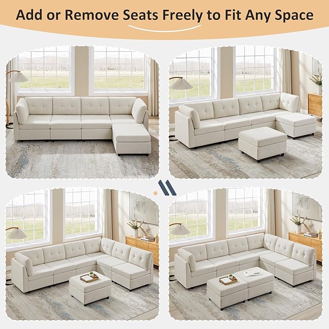 VANOMi 5 Seater Modular Sectional Sofa, Convertible Modular Cloud Sofa Bed with Ottoman, Comfy Chenille Sofas & Couches for Living Room, Apartment, Office, White, Sofa Bed
