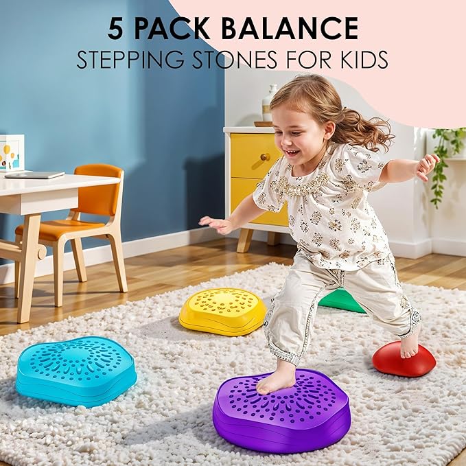 FUNTASTICVENTURES Kids Stepping Stones – 5-Piece Balance and Coordination Obstacle Course Set with Non-Slip Silicone Bottoms for Indoor and Outdoor Active Play
