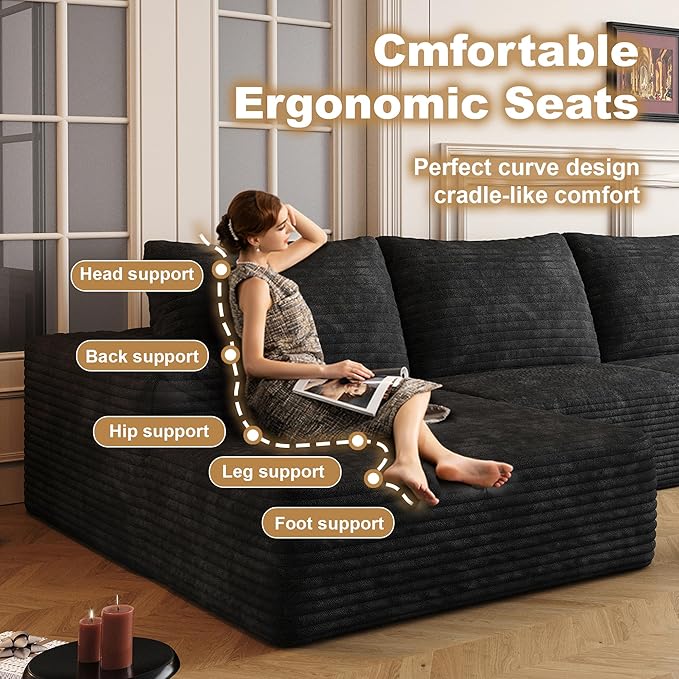 AUGOP 136" Sectional Couches for Living Room Modern Modular Sofa with L-Shape Couchs Upholstered Boneless Couch Deep Seat Sectional Couch with Chaise (Black, Left Facing Chaise+3Seaters)
