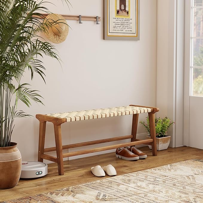 Tangkula Teak Wood Outdoor Bench, Patio Backless Wooden Dining Bench with Weave Seat, Solid Wood Legs, Indoor & Outdoor Wooden Bench for Porch, Backyard, Deck, Entryway (Natural,1)