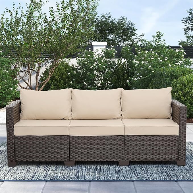 Rattaner Patio Furniture 3-seat Sofa Wicker Outdoor Furniture Outdoor Couch Deep Seat Hight Backrest Waterproof Cover Anti-Slip Cushions, Khaki
