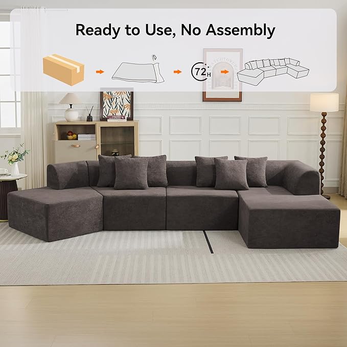 140''Oversized Cloud Velvet Curved Sectional Couch, Boneless Couch with L-Shape Chaise, Upholstered Compression Memory Foam Modular Sectional Sofa for Living Room, No Assembly Required, Brown
