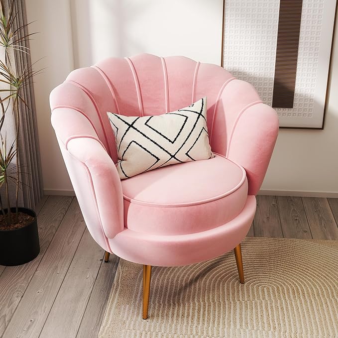 DAGONHIL Mid Century Modern Upholstered Accent Chair,Petal Vanity Chair,Retro Leisure Velvet Single Sofa with Golden Metal Legs for Living Room/Bedroom(Light Pink)