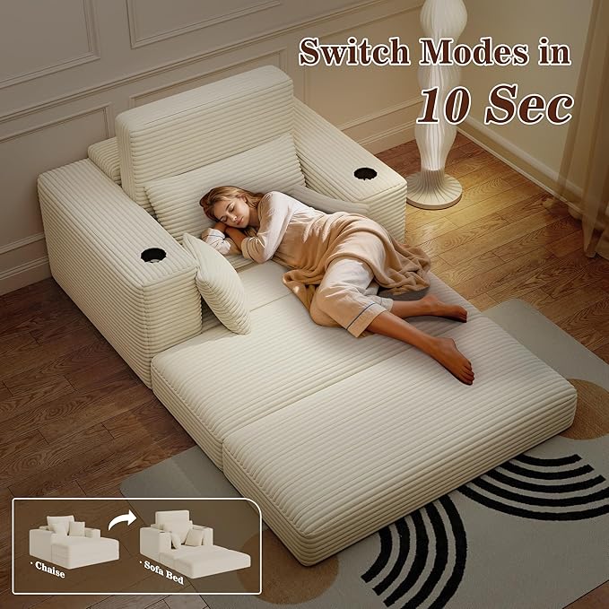 52" Boneless Chaise Lounge Chair Indoor — Oversized Cloud-Like Cozy Comfy Modular 3-in-1 Sofa Bed for Reading, Living Room & Bedroom Corduroy Couch Sleeper, Beige