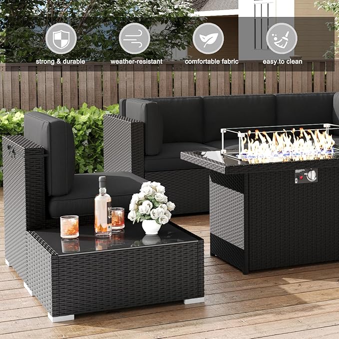 LayinSun 15 Pieces Patio Furniture Set with Fire Pit Table, Black Rattan Modular Sectional Patio Conversation Sofa Set