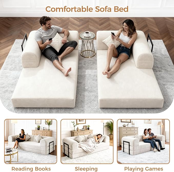 HipyMo 4-in-1 Folding Convertible Sofa Bed, 78 Inch Boneless Couch with Fixed-Shape Frame, Loveseat Sleeper with Pull Out Bed, Floor Sofa Modular Futon Couch for Living Room Bedroom Lounge (Beige)