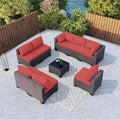 Kullavik 9 Pieces Outdoor Patio Furniture Set,Outdoor Sectional Rattan Sofa Set Brown PE Rattan Wicker Patio Conversation Set with Tempered Glass Coffee Table and Washable Cushions Covers,Red