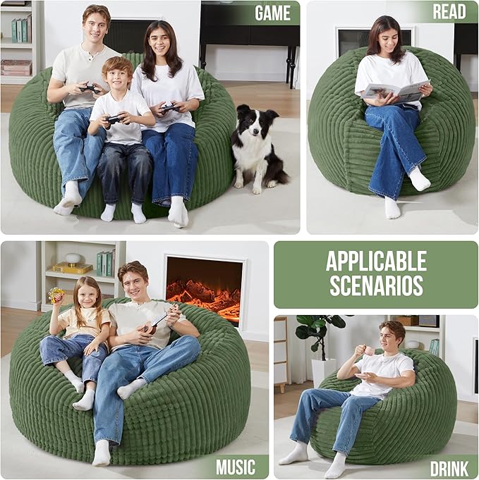 Homguava 5 FT Bean Bag Chair,5' Big Bean Bag,Giant Bean Bag Chairs for Adults with Memory Foam Filled,Comfy Large Beanbag Chairs Soft Bean Bag Sofa with Dutch Corded Plush Cover-Green