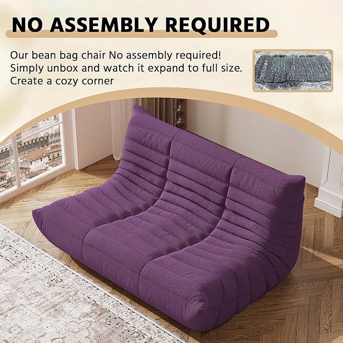 Bean Bag Chair, Fireside Chair, Large Bean Bag Chair for Adults, Bean Bag Chairs for Teens with High-Resilience Foam, Non-Slip Base Floor Lounge Sofa,Living Room (Purple, Loveseat)