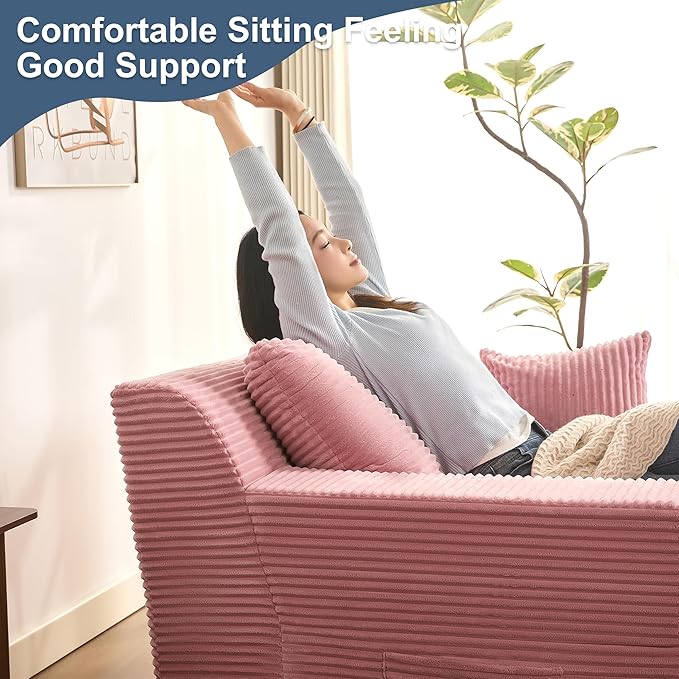 63" Oversized Boneless Chaise Lounge Chair, Extra Cloud Layer, Convertible Sleeper Sofa Couch with Removable Pillows & Side Pockets, Corduroy Upholstered Sofa Bed with Armrests for Living Room, Pink