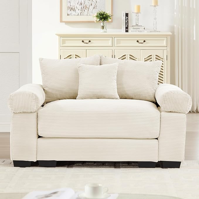 KEIKI 54" Oversized Corduroy Modular Sectional Single Sofa with High-Density Foam Cushions, Extra-Thick Armrests, Upholstered Modern 1-Seater Lounge Accent Chair with 3 Pillow, for Living Room, Beige