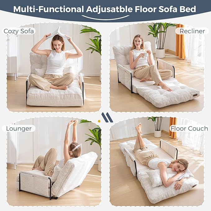 MAXYOYO Adjustable Floor Sofa Couch with Pillow, Multi-Functional Bean Bag Bed, 5-Position Foldable Lazy Sofa Sleeper Bed with Armrest, Versatile Floor Seating for Reading Gaming, Beige, Single