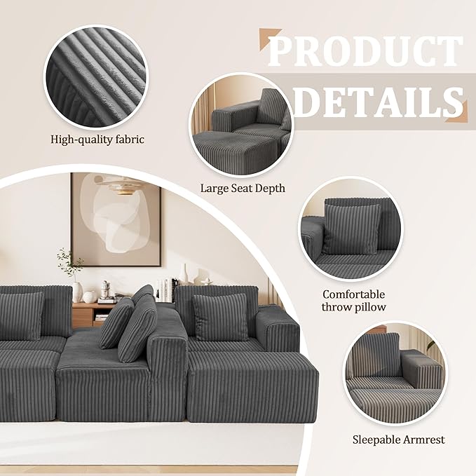 132" U Shaped Modular Sofa, 4-Seater Sectional Cloud Couch with Chaise, Soft Corduroy Boneless for Living Room, No Assembly Required, Free Configuration,Grey