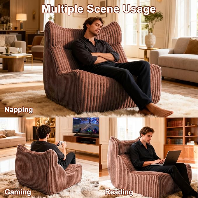Bean Bag Chairs, Giant Bean Bag Chair for Adults, Memory Foam Lounge Chair, Comfy Lazy Floor Chair, Bean Bag Sofa for Living Room, Bedroom and Office, Single Bean Bag (Brown)